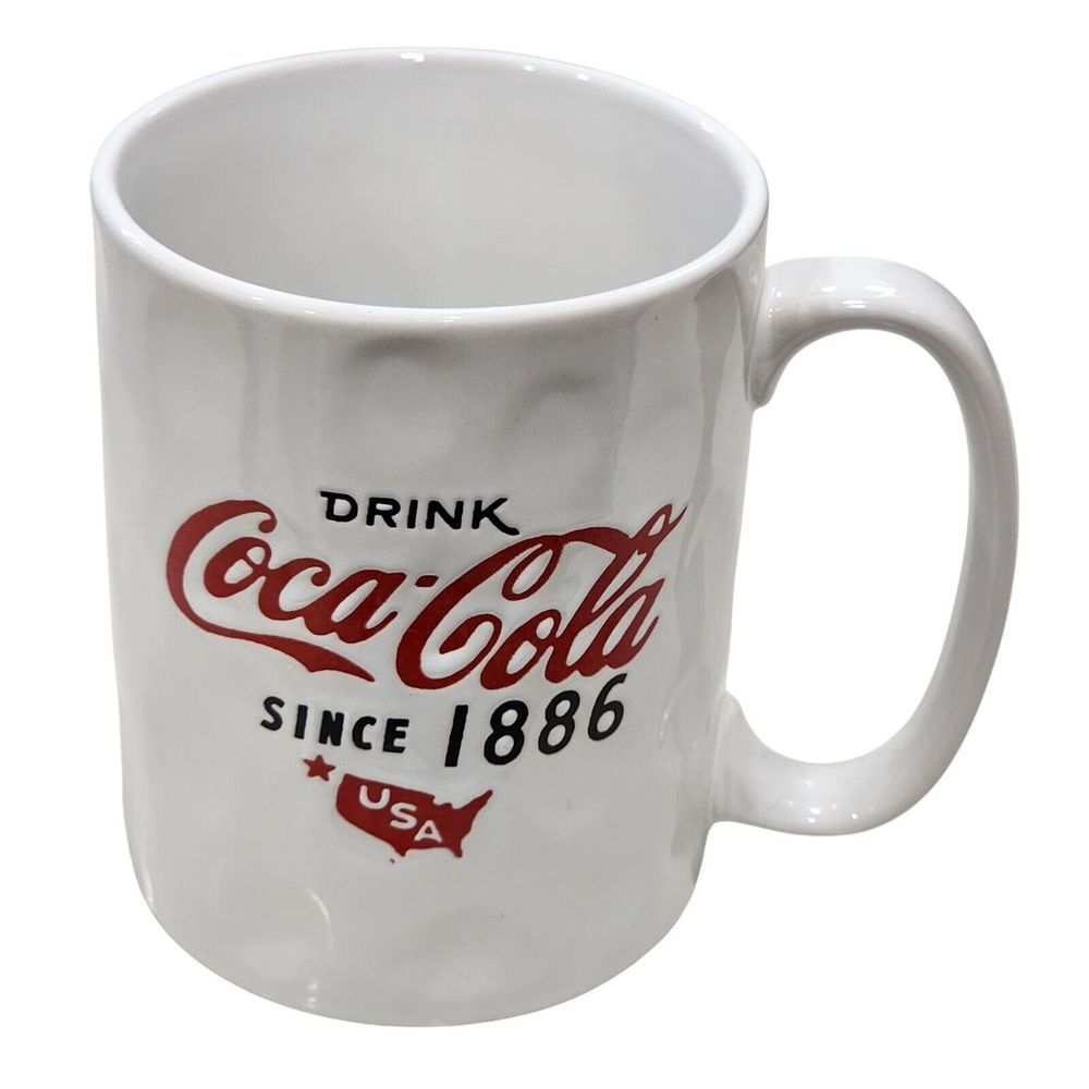 Coca-Cola Since 1886 USA Engraved Ceramic Coffee Mug White 17oz Vintage Design‎